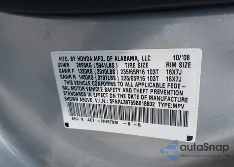 2009 Honda Odyssey Ex-L z USA, uszkodzony, nr VIN 5FNRL38769B018602